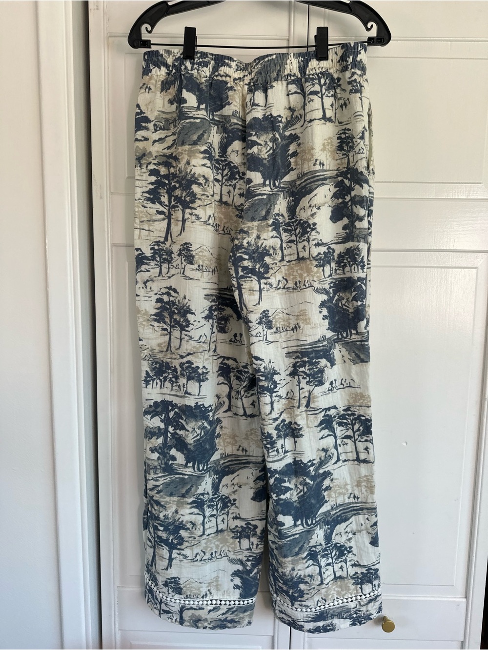 Next Linen Toile Printed Wide-Leg Lounge Pants in Cream & Navy Sz 6R EU 38
